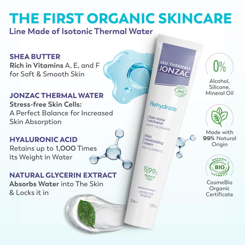 JONZAC Eau Thermale Rehydrate Organic Rich Sensitive Moisturizing Facial Cream - Intense 24hr Hydration, Shea Butter & Natural Hyaluronic Acid - Clinically Proven Skincare, All Skin Types, 1.69 Fl Oz - Image 2